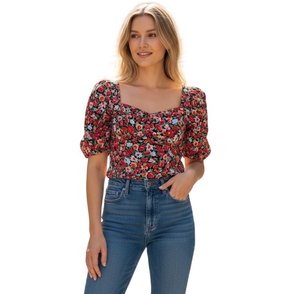 ASTR the Label Floral Puff Sleeve Sweetheart Top Red Black Multi AT17297-003 S
